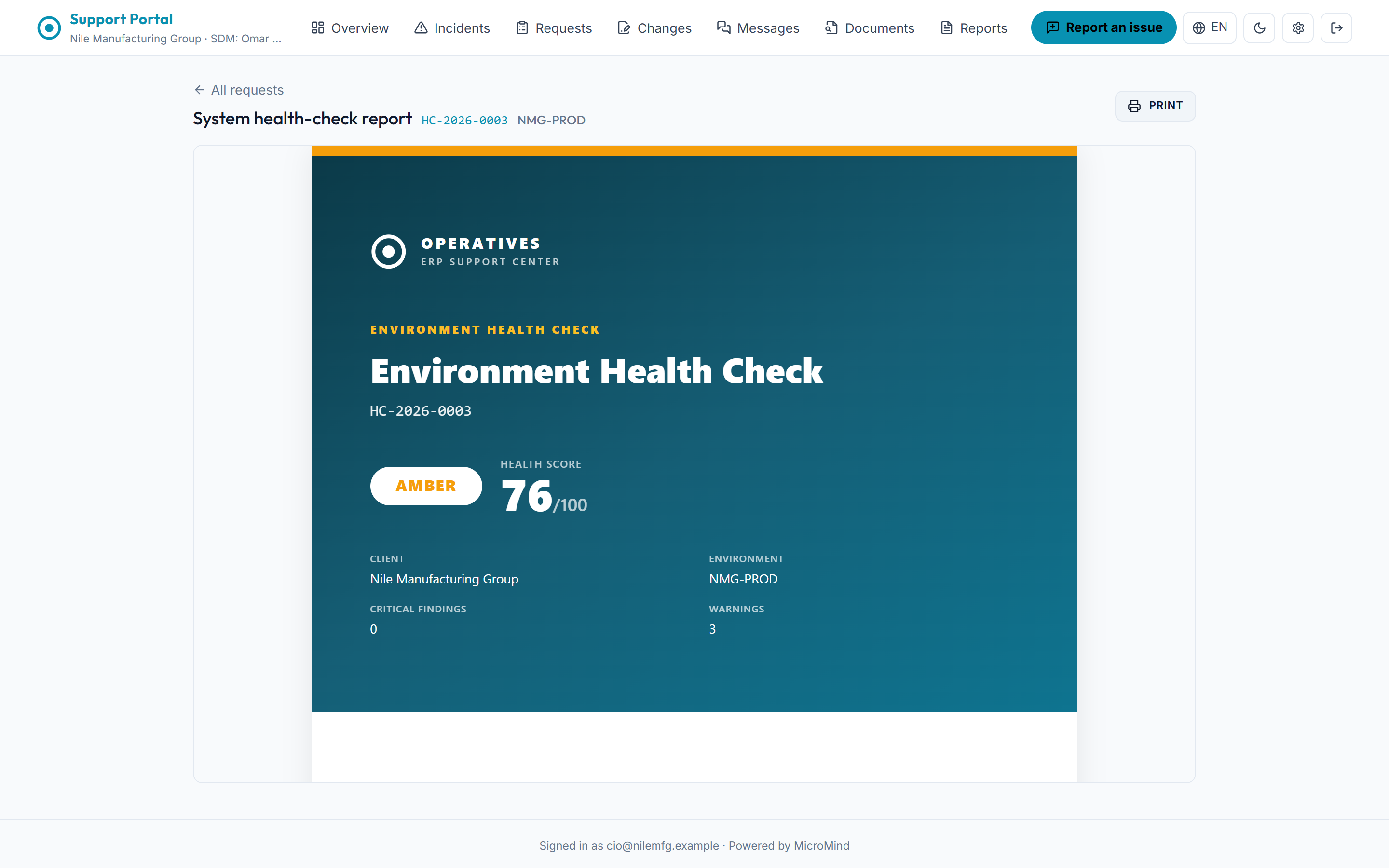 A published health-check scorecard from the OTeam platform, with scores computed from command evidence